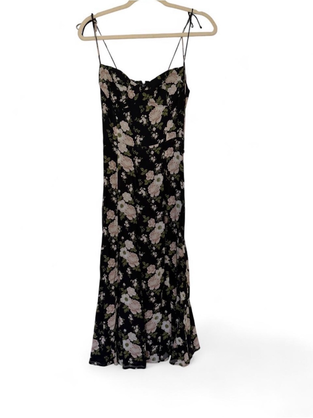 Reformation Black Slip Midi Dress with Blush Floral